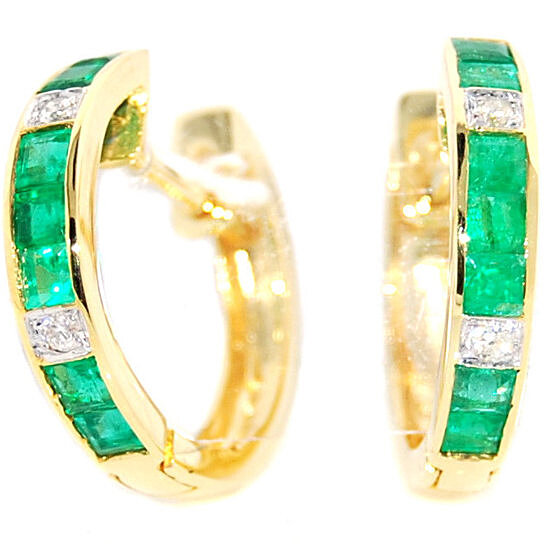 Buy 18K Yellow Gold Gemstone Diamond Emerald Huggie Earrings [EL0002